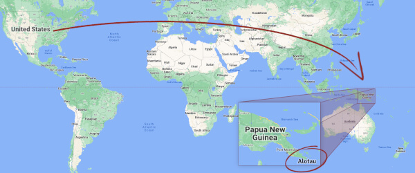 A map of the world showing where Alotau, Papau New Guinea is