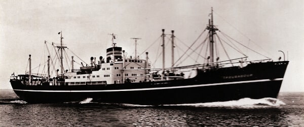 Black and white photo of a cargo ship