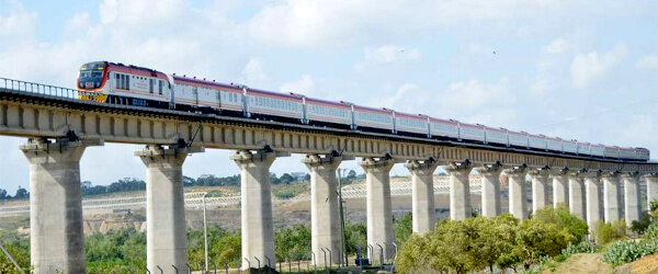Picture of the Madaraka Express on a bridge going over the Nairobi National Park