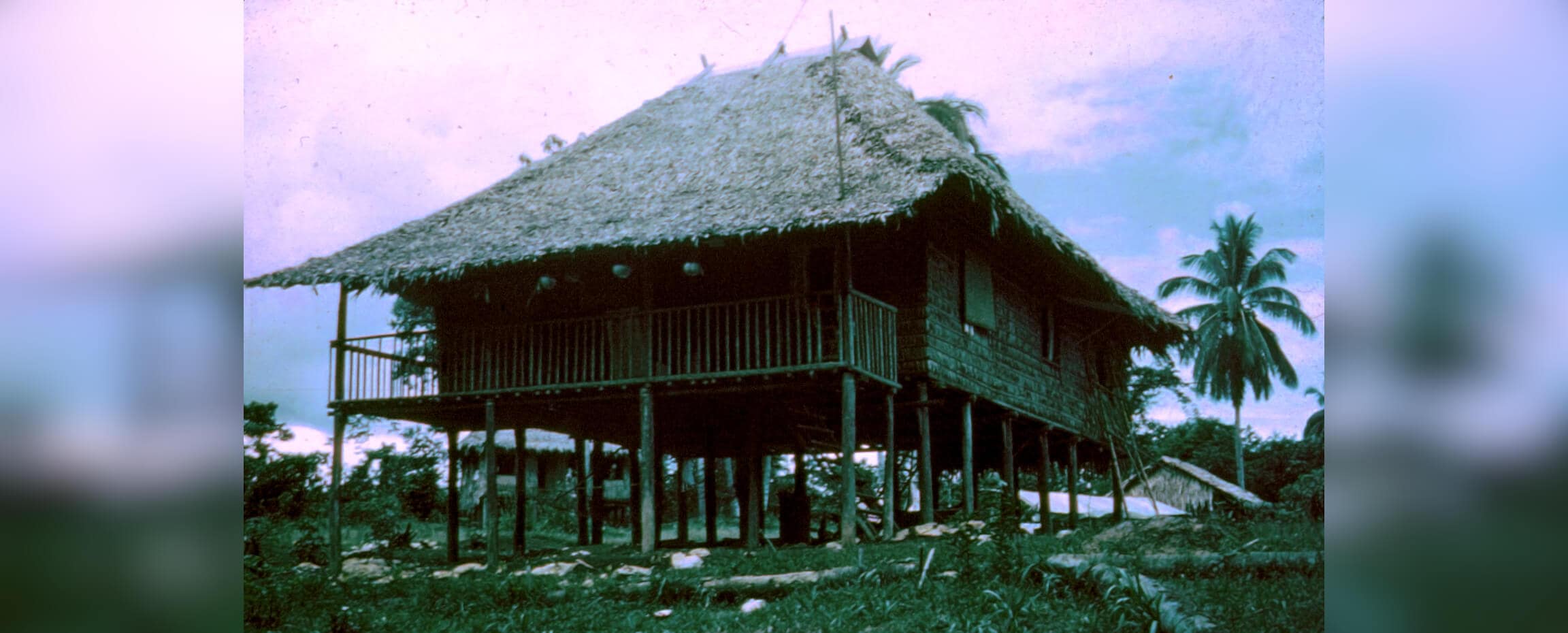 Old photo of a nipa hut in the jungle
